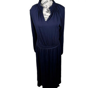 Boden Jersey Knit Long Sleeve Navy Blue Maxi Long Dress Ruffle Neck Sz 8